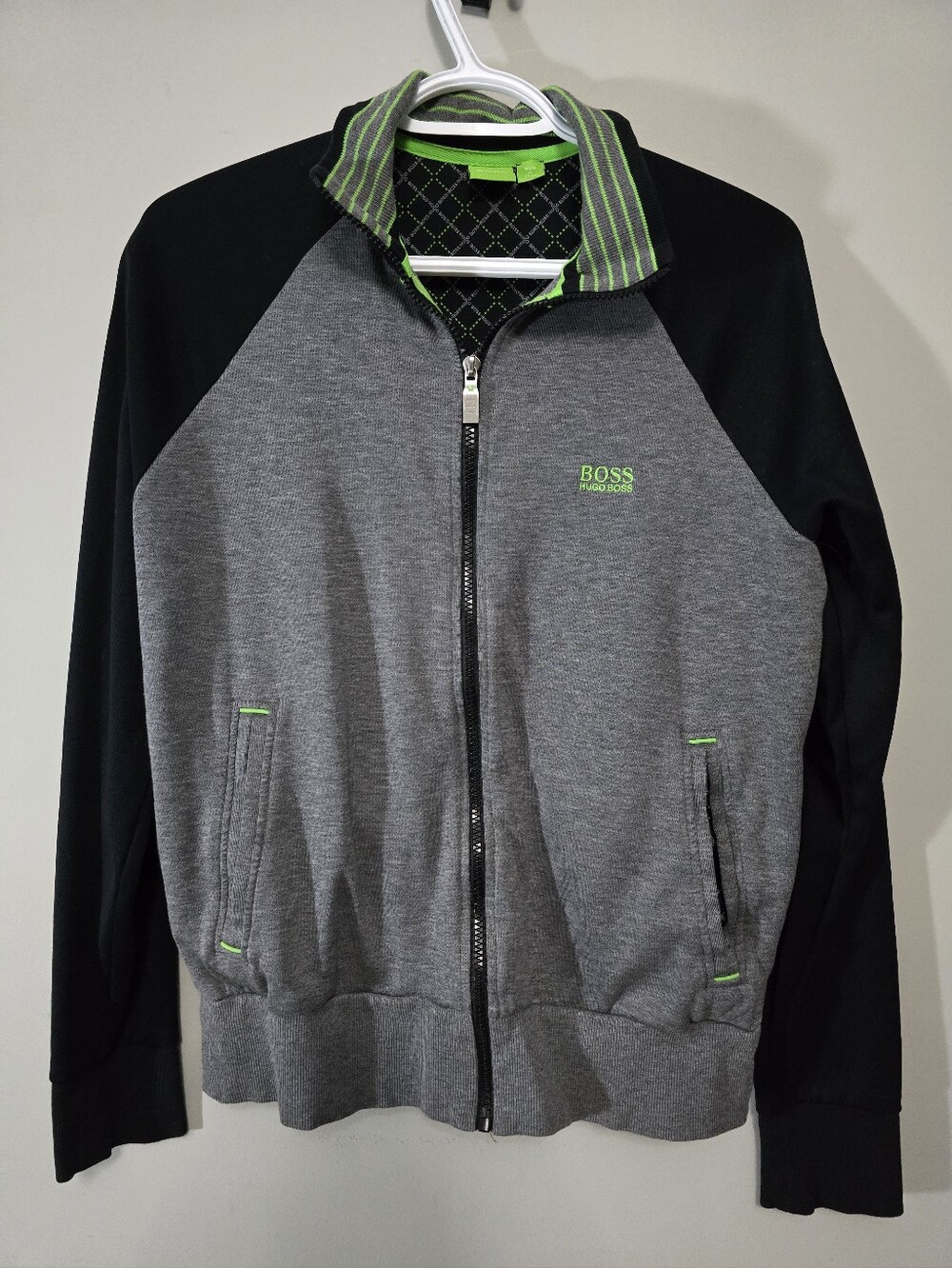 Hugo Boss Grey & Black Zip Jacket with Lime Accents Size Small